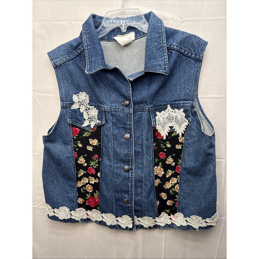 VTG Blue Jean Denim Vest Patchwork Denim Floral Lace Handcrafted‎ Boho Cottage